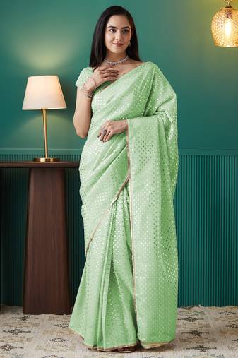 Green organza foil printed ready to wear saree
