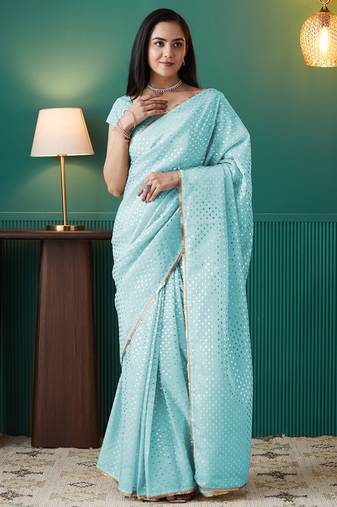 Sky blue organza foil printed ready to wear saree