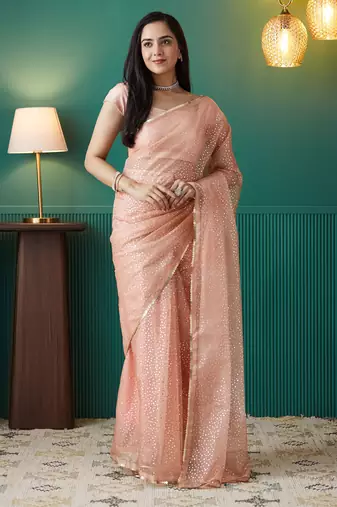 Peach organza foil printed ready to wear saree