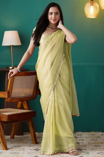 Olive organza foil printed ready to wear saree