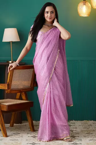 Purple organza foil printed ready to wear saree