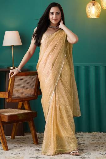 Yellow organza foil printed ready to wear saree