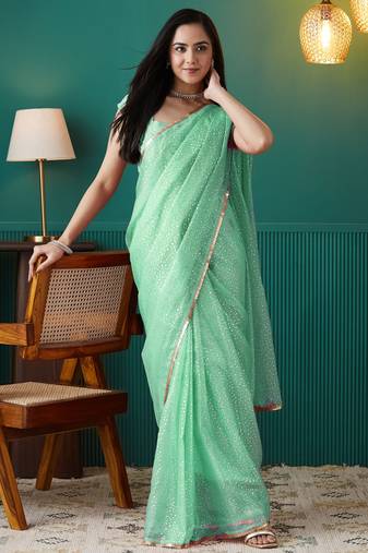 Green organza foil printed ready to wear saree