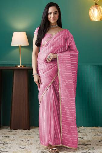 Pink organza foil printed ready to wear saree