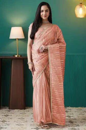 Peach organza foil printed ready to wear saree