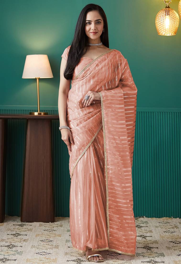 Peach organza foil printed ready to wear saree