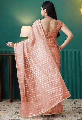 pre draped peach organza foil printed saree 2
