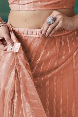 pre draped peach organza foil printed saree 4