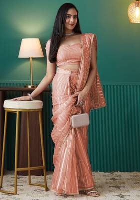 pre draped peach organza foil printed saree 5