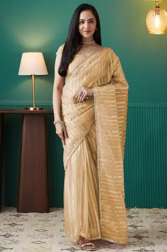 Yellow organza foil printed ready to wear saree