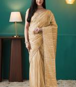 ready made yellow organza foil printed saree