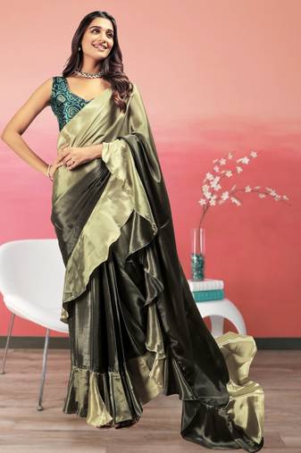 Green satin ready to wear saree