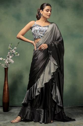 Grey satin ready to wear saree