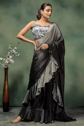 Grey satin ready to wear saree