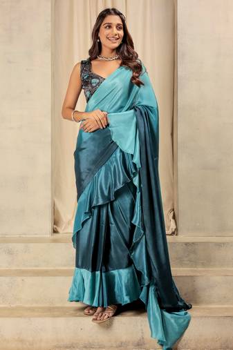Blue satin ready to wear saree