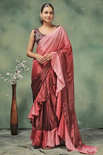 Pink satin ready to wear saree