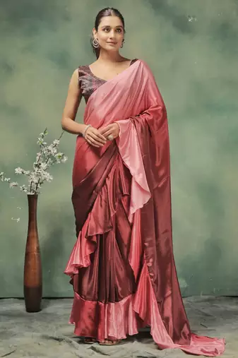 Pink satin ready to wear saree
