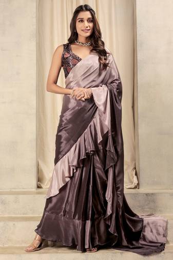 Wine satin ready to wear saree