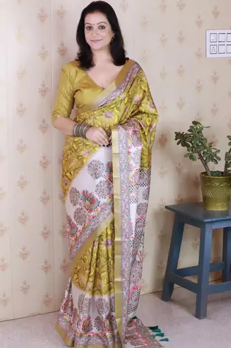 Woven zari border digital printed yellow tussar silk saree