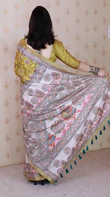 Woven zari border digital printed yellow tussar silk blend saree 2