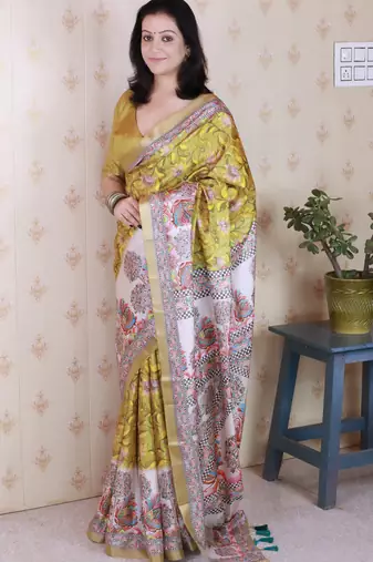 Woven zari border digital printed yellow tussar silk blend saree