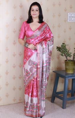 Woven zari border digital printed pink tussar silk blend saree 1