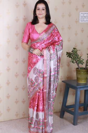 Woven zari border digital printed pink tussar silk saree