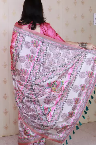 Woven zari border digital printed pink tussar silk blend saree