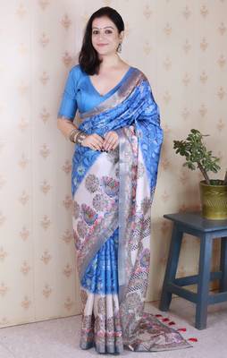 Woven zari border digital printed blue tussar silk blend saree 1