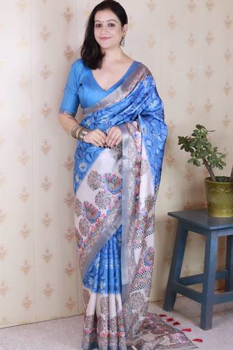 Woven zari border digital printed blue tussar silk saree