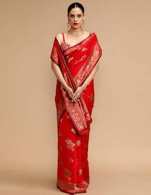 Red lichi silk blend jacquard saree 1