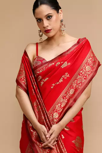 Red lichi silk blend jacquard saree