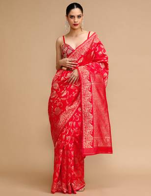 Red lichi silk blend jacquard saree 1