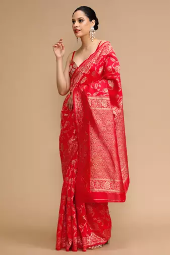 Red lichi silk blend jacquard saree