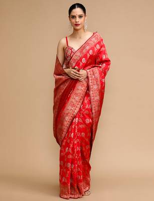 Red lichi silk blend jacquard saree 1