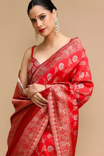 Red lichi silk blend jacquard saree