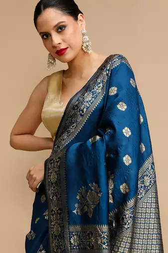 Blue lichi silk blend jacquard saree