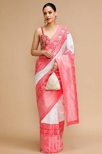Off white lichi silk blend jacquard saree