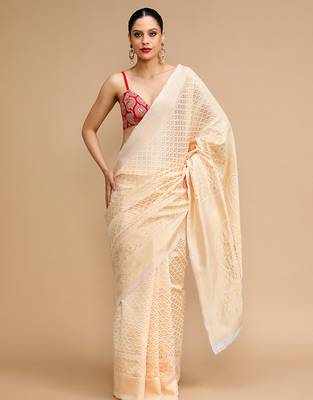 Cream lichi silk blend jacquard saree 1