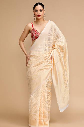 Cream lichi silk blend jacquard saree