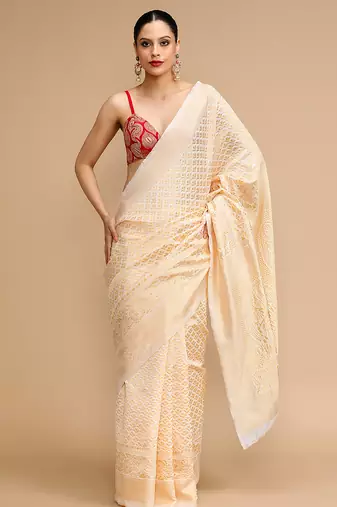 Cream lichi silk blend jacquard saree