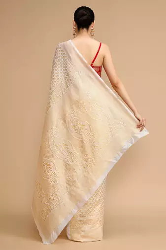 Cream lichi silk blend jacquard saree