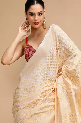 Cream lichi silk blend jacquard saree