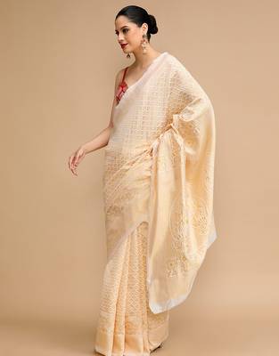Cream lichi silk blend jacquard saree 4