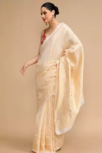 Cream lichi silk blend jacquard saree
