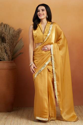 Mustard velvet ready to wear saree