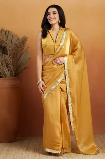 Mustard velvet ready to wear saree