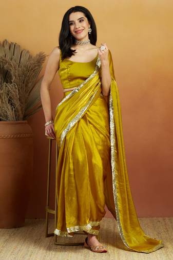 Parrot green velvet ready to wear saree
