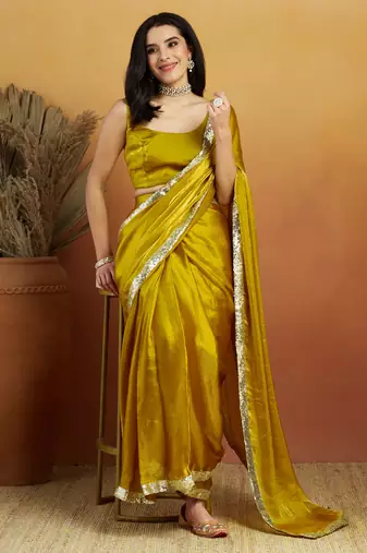 Parrot green velvet ready to wear saree