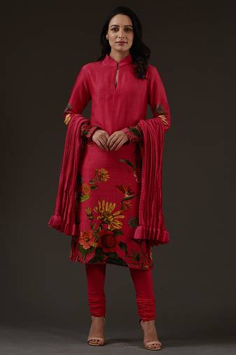 Red floral printed chanderi kurta set